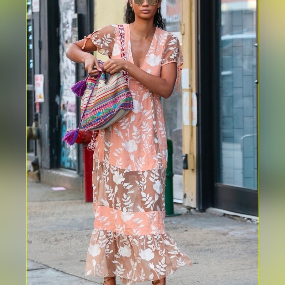 For Love And Lemons Floral Maxi Dress in Coral and Brown